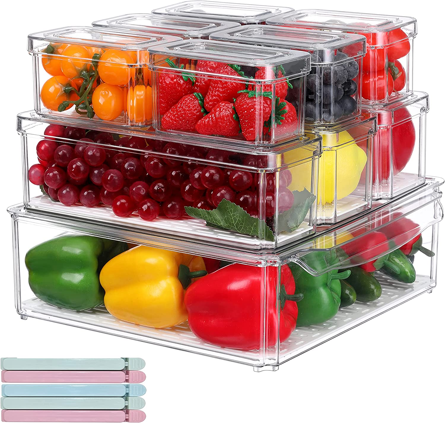 Set of 10 Refrigerator Organizer Bins Stackable with Lids, Fridge Organizers and