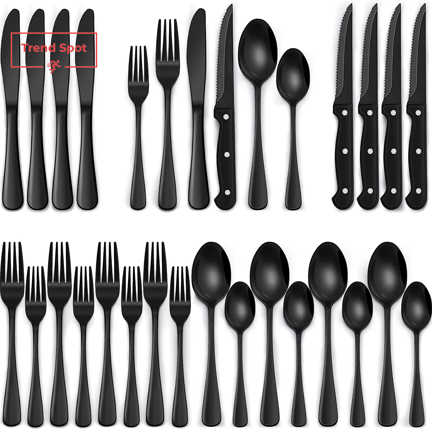 24-Piece Black Silverware Set with Steak Knives, Black Flatware Set for 4, Food-
