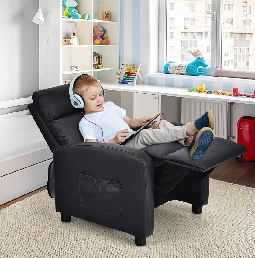 Costzon Kids Recliner, Adjustable PU Leather Lounge Chair w/Side Pockets, Footre
