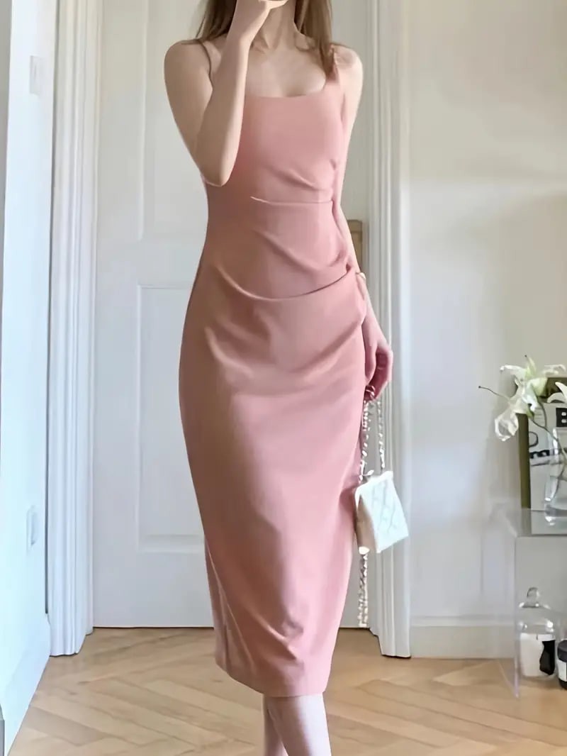 Solid Pleated Split Hem Tank Dress, Elegant Sleeveless Square Neck Dress For Spring & Summer, Women's Clothing